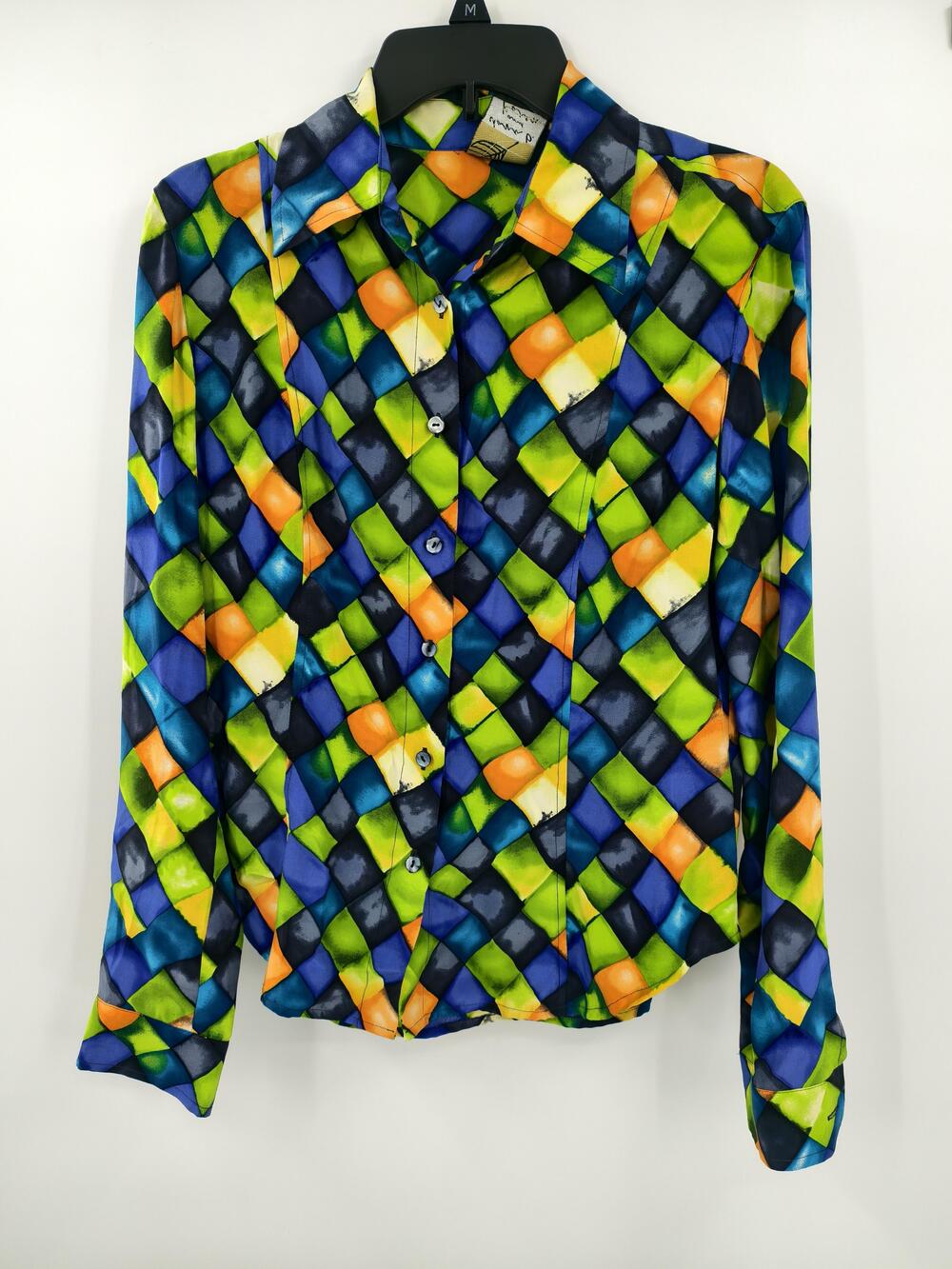 Dana B And Karen Size 8 Multicolor Silk Front Front Geometric Women's Shirt
